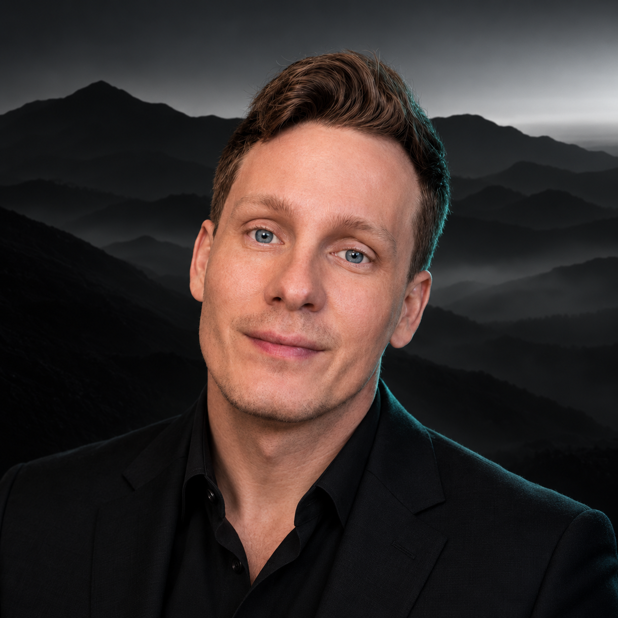Headshot of Schieler De’Land against a dark mountain landscape